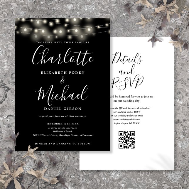 Convite de Casamento Código QR Preto e Branco Luze (String Lights Script Black White QR Code Wedding Invitation)