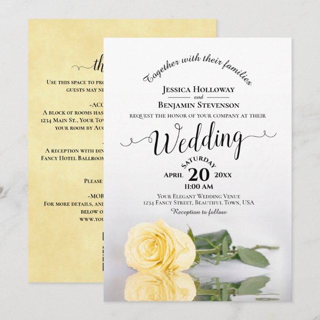 Convite de Casamento Código QR Rosa Amarela Caligr (Frente/Verso)