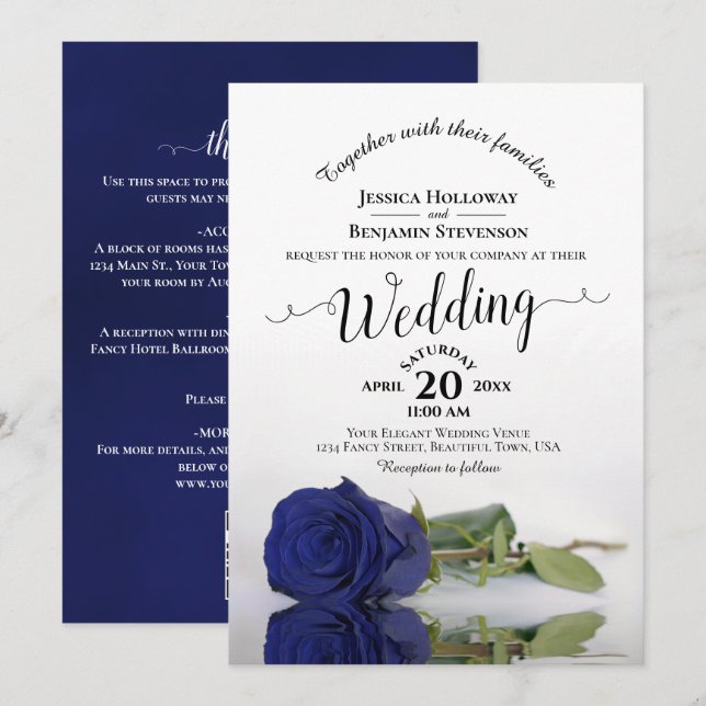 Convite de Casamento Código QR Rosa Azul Marinho C (Frente/Verso)