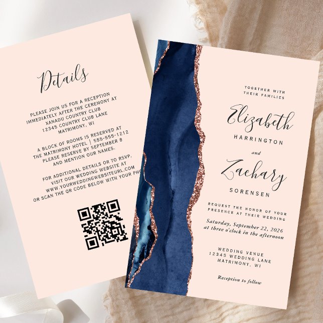 Convite de Casamento Código QR Rosa Bege Dourado O (Criador carregado)