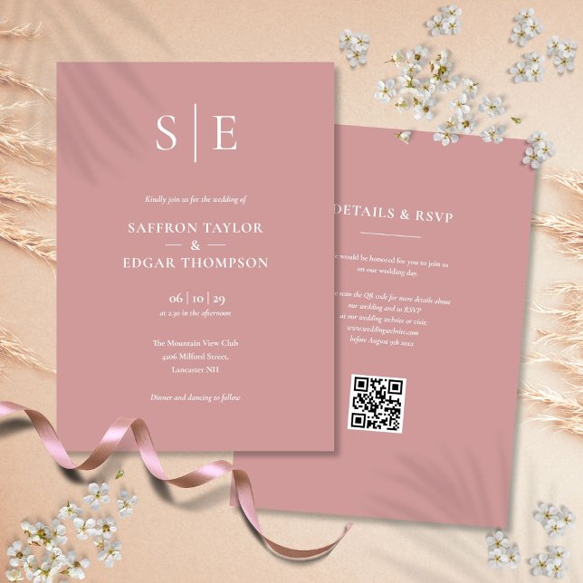 Convite de Casamento Código QR Rosa Po dusty Monog (Monogram Dusty Rose QR Code Wedding Invitation)