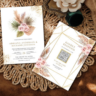 Convite de Casamento Código QR Rosas Pampas Poeira