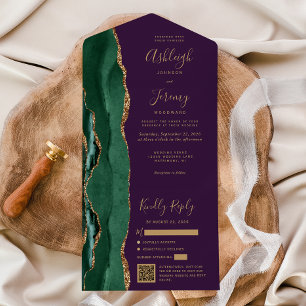 Convite de Casamento Código QR Roxo Dourado Ágata