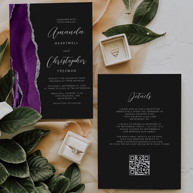 Convite de Casamento Código QR Roxo Escuro Ágata P (Criador carregado)