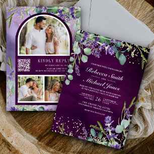 Convite de Casamento Código QR Roxo Foto Lavanda E