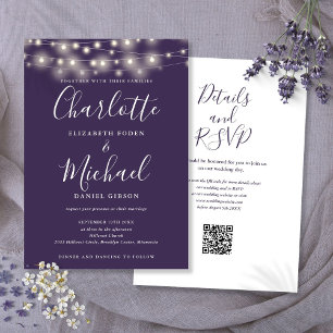 Convite de Casamento Código QR Roxo Luzes de Corda