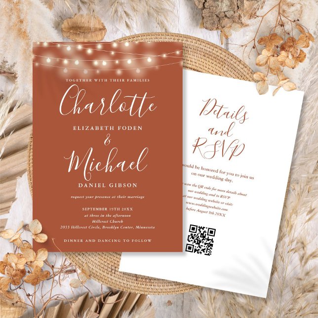 Convite de Casamento Código QR Terracota Luzes de  (String Lights Script Terracotta QR Code Wedding Invitation)