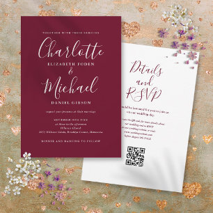 Convite de Casamento Código QR Vinho Borgonha Eleg