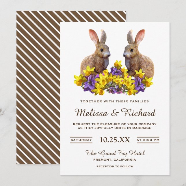 Convite de Casamento Coelhos Florais Românticos Fo (Frente/Verso)
