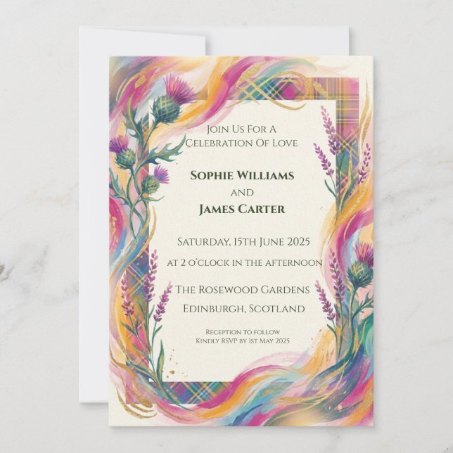 Convite de Casamento Colorido Tartan Thistle (Frente)