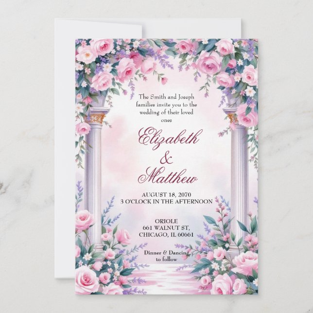Convite de Casamento Coluna de Rosa Rosa Etérea (Frente)