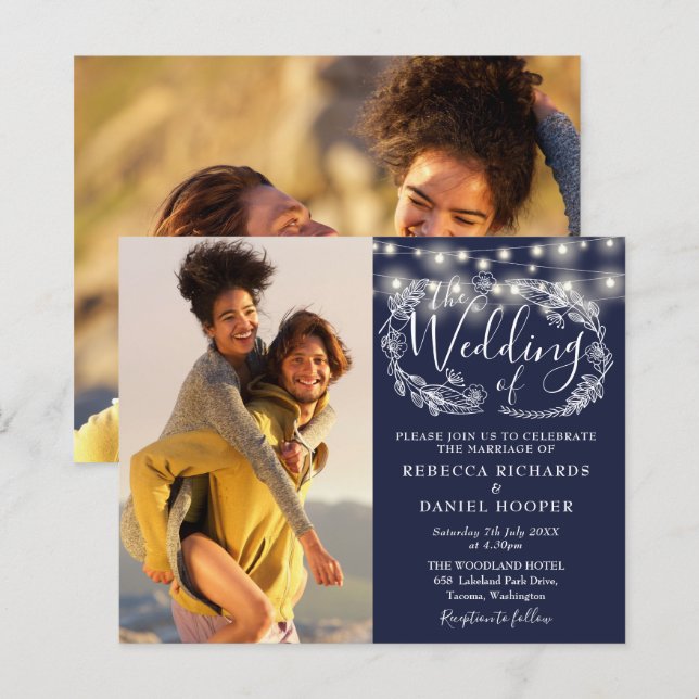 Convite de Casamento com 2 Fotos e Luzes Azuis Nav (Frente/Verso)