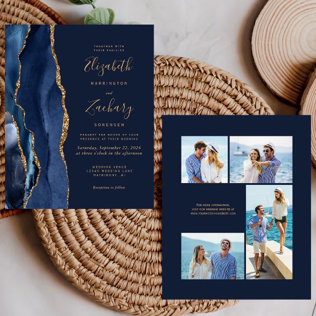 Convite de Casamento com 4 Fotos em Azul Marinho e (Criador carregado)