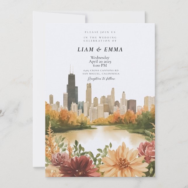 Convite de Casamento com a Silhueta de Chicago Ill (Frente)