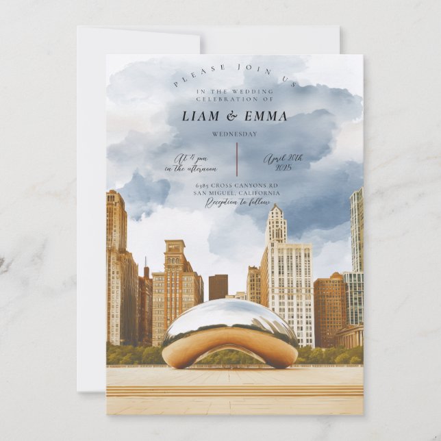Convite de Casamento com a Silhueta de Chicago Ill (Frente)