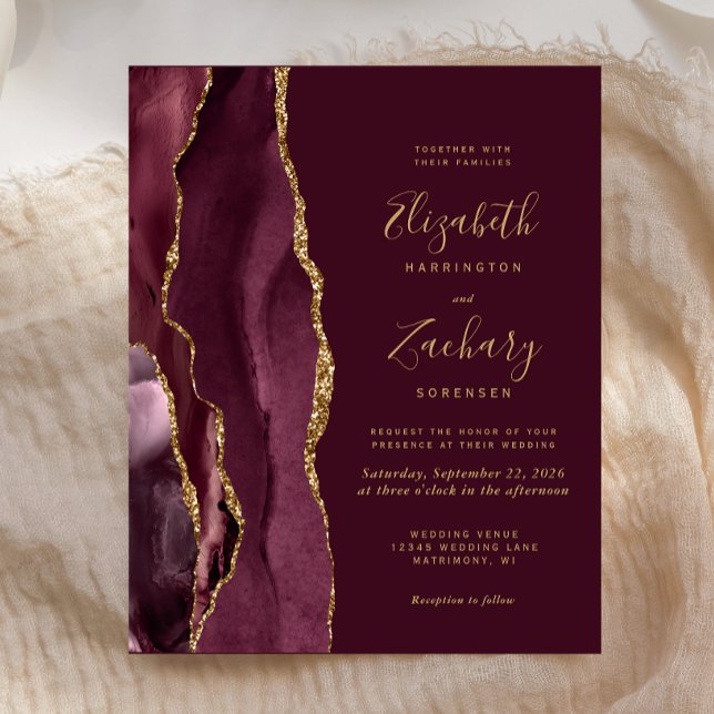 Convite de Casamento com Ágata Dourada em Burgundy (Criador carregado)