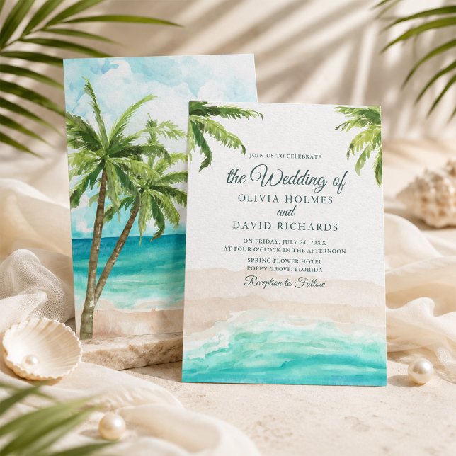 Convite de Casamento com Água-forte de Praia Tropi (Watercolor Tropical Beach and Palm Trees Wedding Invitation)
