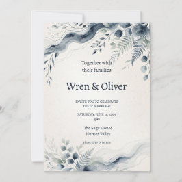 Convite de Casamento com Aquarela Botânica Azul