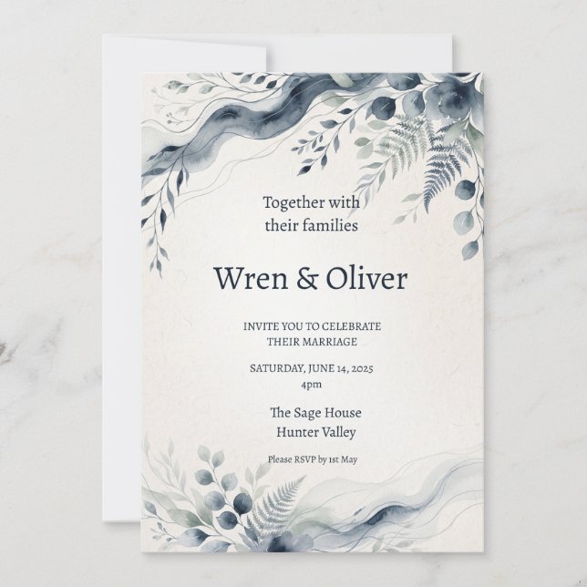 Convite de Casamento com Aquarela Botânica Azul (Frente)