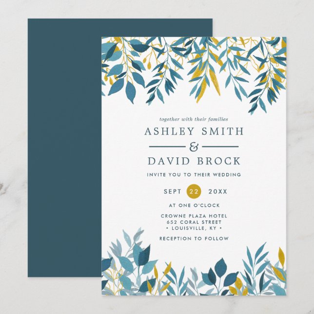 Convite de Casamento com Aquarela Botânica Floral  (Frente/Verso)