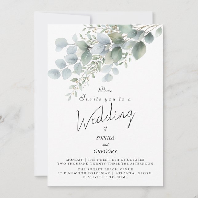 Convite de Casamento com Aquarela de Eucalipto Mod (Frente)