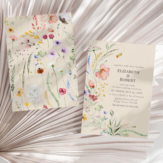 Convite de Casamento com Aquarela de Flor Silvestr (Taupe Watercolor Wildflower Wedding Invitation on a sunny neutral dry palm leaf.)