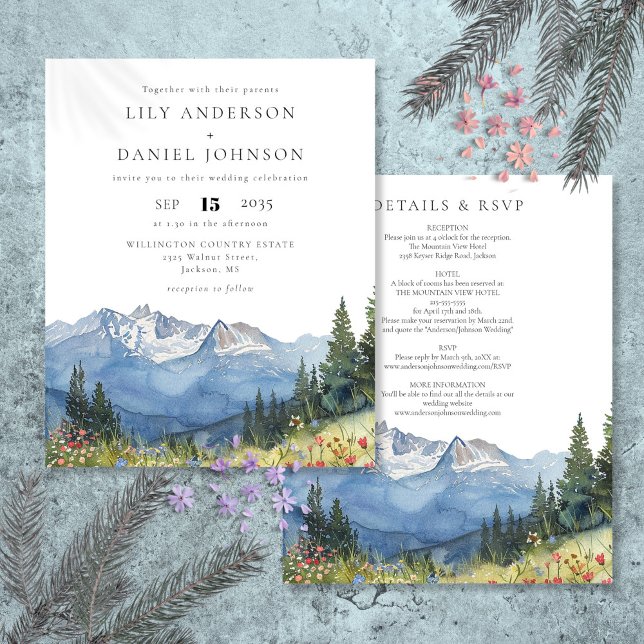 Convite de Casamento com Aquarela de Montanha dent (Budget Watercolor Mountain Wedding Invitation)