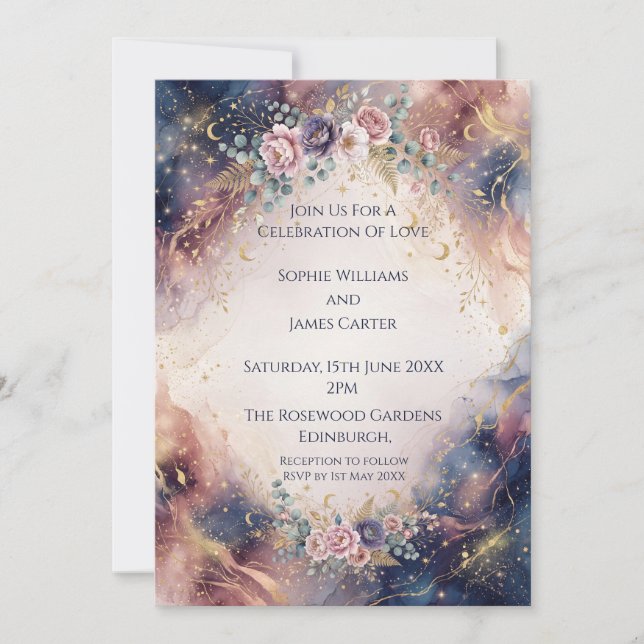Convite de Casamento com Aquarela Floral Celestial (Frente)