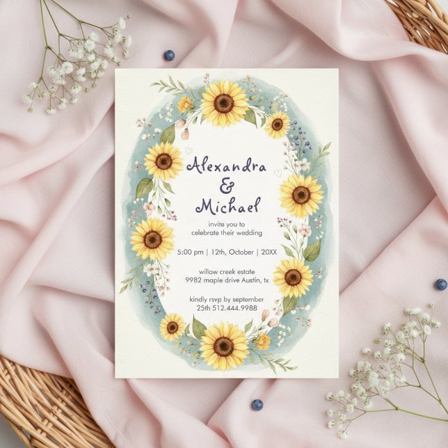 Convite de Casamento com Aquarela Floral de Girass (Criador carregado)