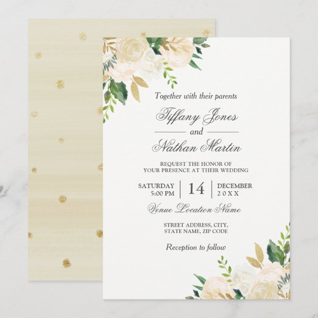 Convite de Casamento com Aquarela Floral Dourada E (Frente/Verso)