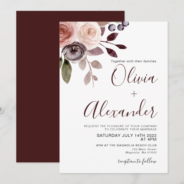 Convite de Casamento com Aquarela Floral Elegante  (Frente/Verso)