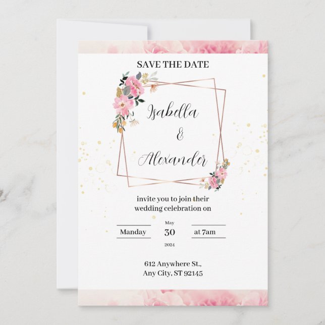 Convite de Casamento com Aquarela Floral Rosa (Frente)