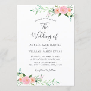 Convite de Casamento com Aquarela Floral Rosa Bege