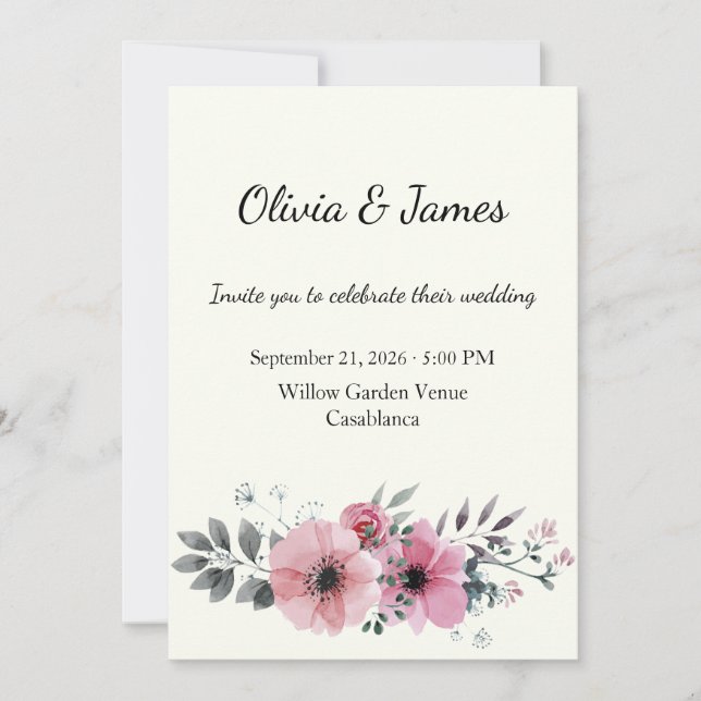 Convite de Casamento com Aquarela Floral Rosa Empo (Frente)