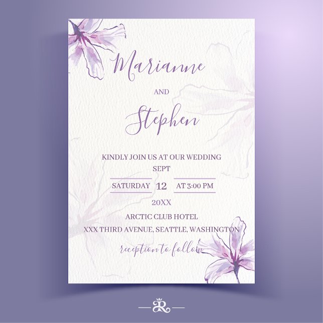 Convite de Casamento com Aquarela Floral Roxa (Criador carregado)