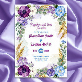 Convite de Casamento com Aquarela Floral Roxa e Az
