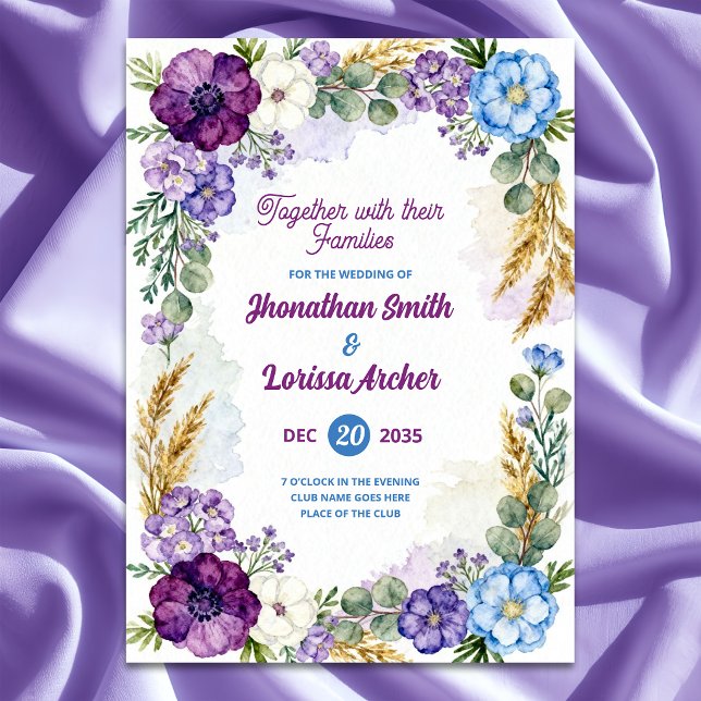 Convite de Casamento com Aquarela Floral Roxa e Az (Criador carregado)