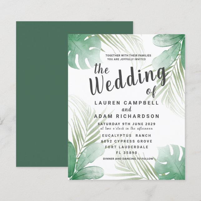 Convite de Casamento com Aquarela Tropical Econômi (Frente/Verso)
