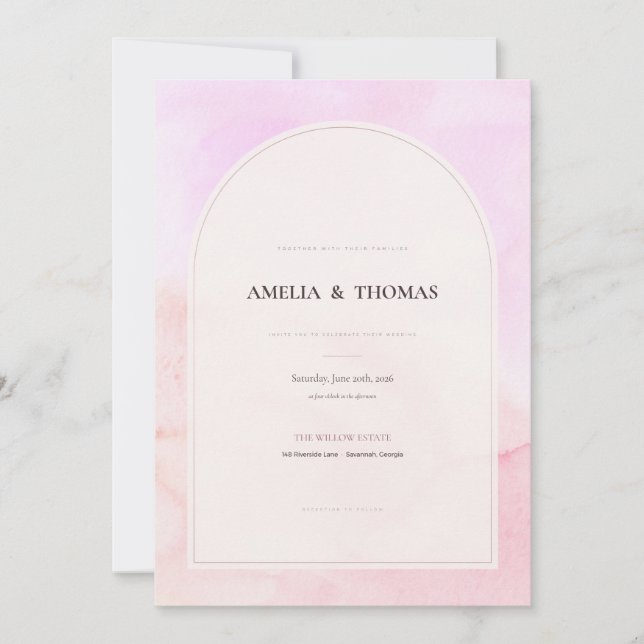 Convite de Casamento com Arco de Aquarela Rosa Blu (Frente)