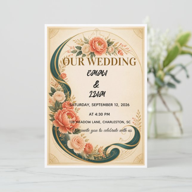 Convite de Casamento com Arco de Fita Botânica de  (Em pé/Frente)