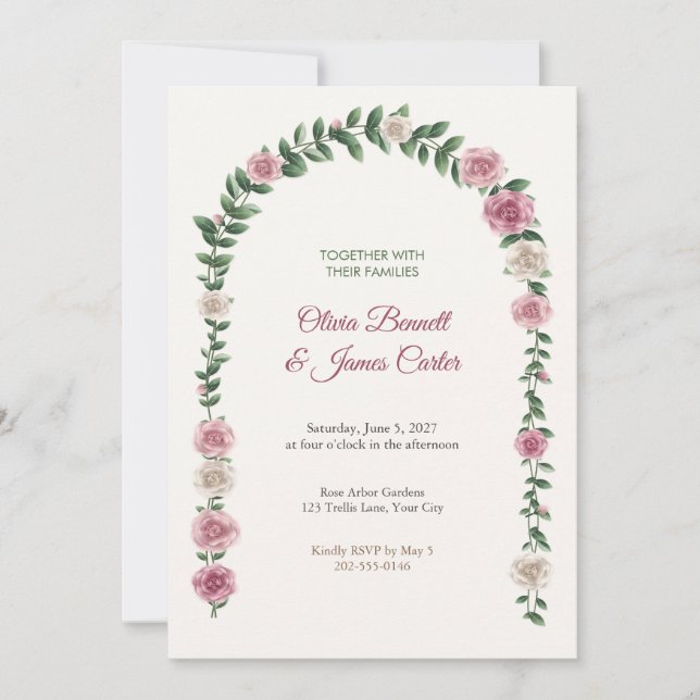 Convite de Casamento com Arco de Rosa do Jardim Pi (Frente)
