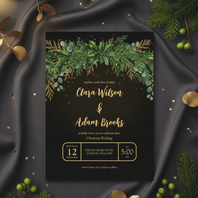 Convite de Casamento com Arco de Verdura de Natal  (Dark Christmas Greenery Arch Wedding Invitation)