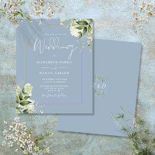 Convite de Casamento com Arco Dourado e Floral Azu