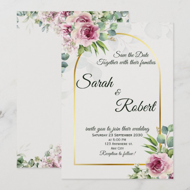 Convite de Casamento com Arco Dourado e Floral Ros (Frente/Verso)