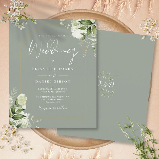 Convite de Casamento com Arco Dourado e Floral Ver (Budget Sage Green Floral Gold Arch Wedding Invite)