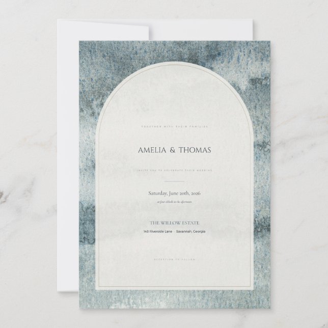 Convite de Casamento com Arco em Aquarela Azul Des (Frente)