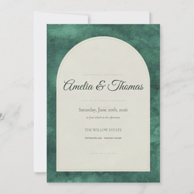 Convite de Casamento com Arco em Aquarela Verde Es (Frente)