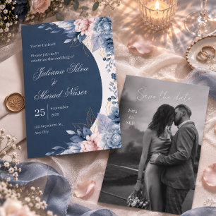 Convite de Casamento com Arco Floral Azul Empoeira