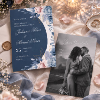 Convite de Casamento com Arco Floral Azul Empoeira
