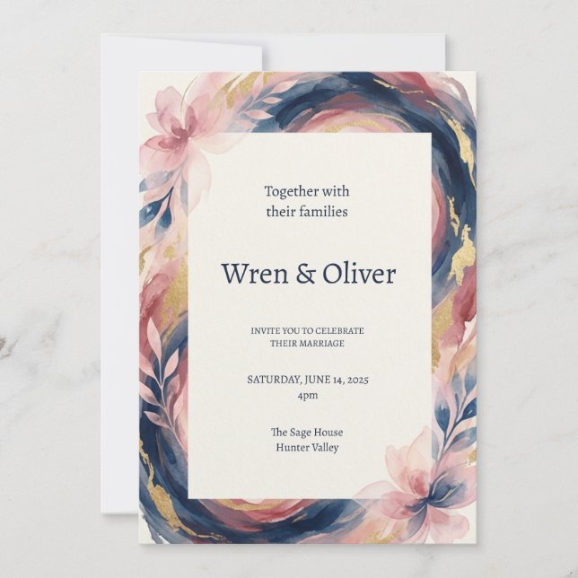 Convite de Casamento com Arco Floral Azul Marinho  (Frente)
